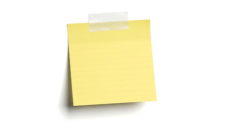 Blank Yellow Lined Sticky Note with Clear Tape on White Background, Paper Mockup for Message