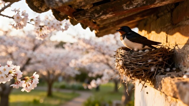 Primavera: nido di rondini sotto il tetto