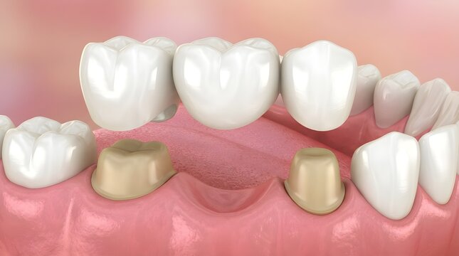 Dental Bridge Procedure with Prepared Teeth and Crowns &ndash; 3D Restorative Dentistry Illustration