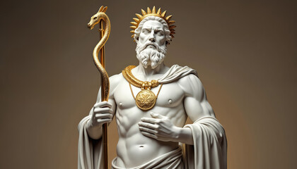 Fototapeta premium Marble statue of Asclepius god of healing, holding golden snake staff. Ancient Greek medicine symbol, health and wellness representation. Divine power and classical art.