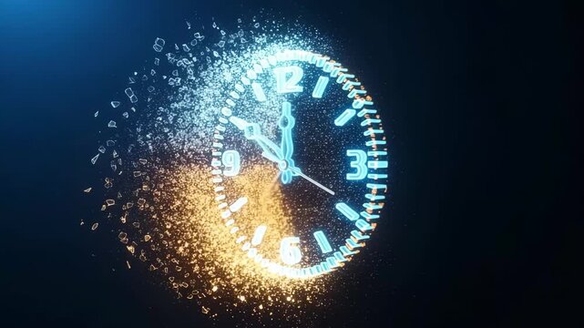 Clock Shattering into Glowing Particles with Slow Cinematic Camera Push
