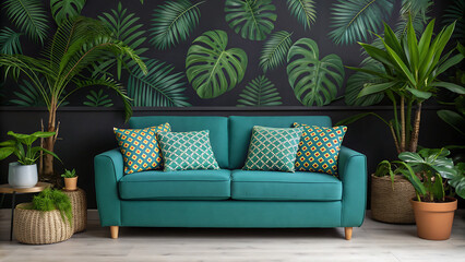 Fototapeta premium Green sofa with tropical pillows and plants