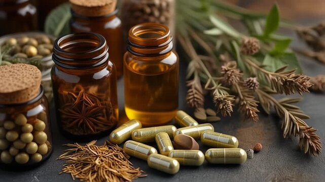 Herbal supplements and capsules displayed on a table with dried plants and bottles