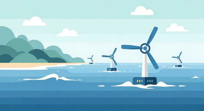 Offshore wind turbines generating clean energy in the ocean near a tropical coastline, symbolizing renewable power and environmental sustainability
