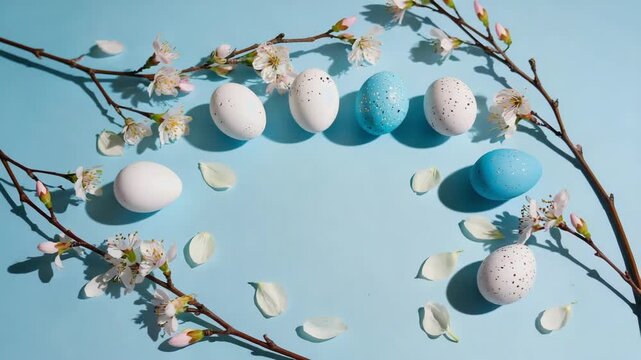 Colorful eggs arranged with flowers on a blue background during spring celebration