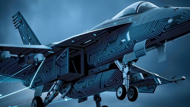 Fighter jet military aircraft stealth technology circuit digital future war aviation defense concept, runway takeoff and landing gear, autonomous drone in stormy sky, glowing blue pattern
