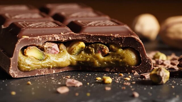 Delicious dark chocolate bar with creamy pistachio filling and nuts