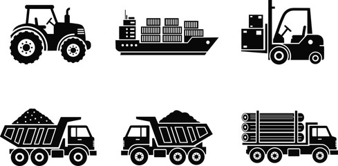 Industrial transport machinery silhouette vector illustration set with tractor cargo ship forklift dump truck and logging trailer isolated on white background for design © Joni Islam
