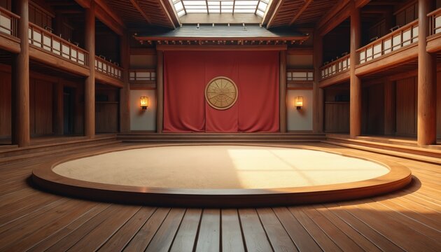 Empty traditional Japanese dojo with wooden structure, sand arena. Red curtain, emblem adorns background. Natural light streams from skylights. Space perfect for martial arts practice meditation