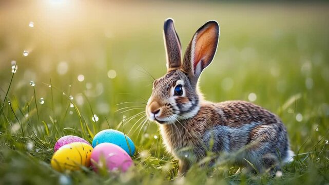 Rabbit sits in grass near colorful eggs during spring morning light in outdoor setting