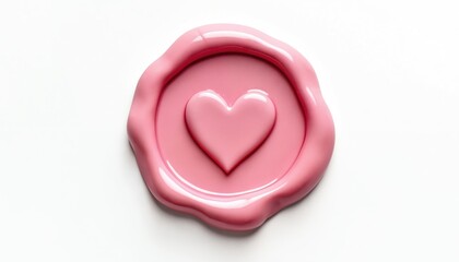 Fototapeta premium Pink heart shaped wax seal stamp for invitations. Used for wedding cards sealing wax symbol. Romantic design element with love emblem for crafting.