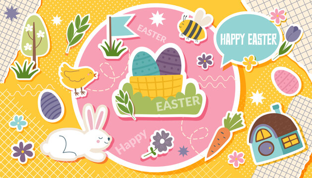 Easter collage banner with Easter objects in pop art style5. Easter trendy background. Concept of Easter, spring, holiday celebration.