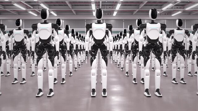Rows of AI-powered humanoid robots rising, standing up from sitting to standing position in industrial warehouse. Future of factory automation and AI robotics. 3d animation rendering