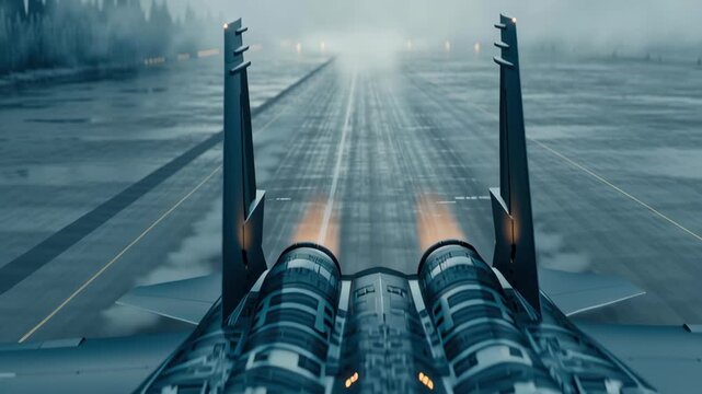 Fighter jet on runway in fog, futuristic military cockpit at night rain, future war aviation technology, stealth aircraft on wet tarmac with glowing panel lights, tense takeoff prep