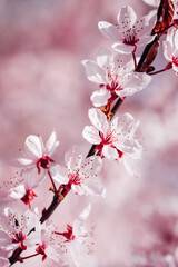Obraz premium arbre fruitiers en fleurs. Fleurs roses sur un arbre printanier. Floraison d'un cerisier au printemps. Prunus en fleurs. Cerisier en fleurs au printemps