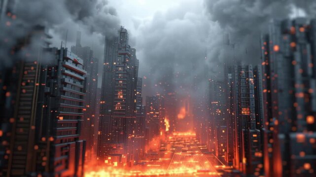Futuristic city skyline circuit technology meets future war, fire and smoke, explosion over cyberpunk streets as skyscrapers collapse, embers and ash storm rise, digital grid burns