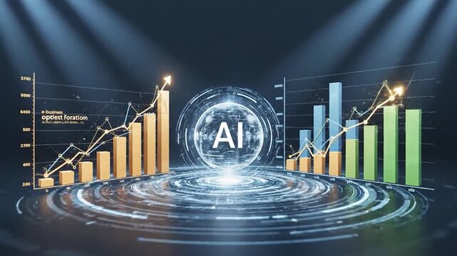Futuristic AI hologram with financial charts showing growth data.