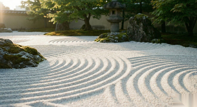 Serene ripple patterns in a traditional Japanese zen sand garden