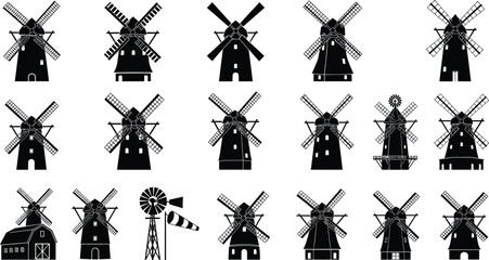 Windmill silhouette collection vector illustration set with traditional dutch wind turbines farm barns and rural landscape elements isolated on white background for design © Md Joni Islam