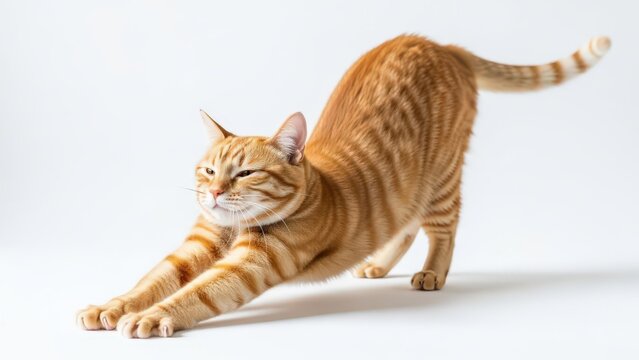 A playful ginger tabby cat with distinctive stripes gracefully stretches its body, extending its front paws on a clean white background, showcasing a moment of feline contentment