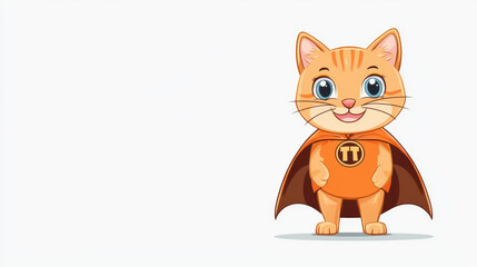 Superhero cat cute orange kitten smiling cartoon animal cape costume character standing confident pose white background illustration