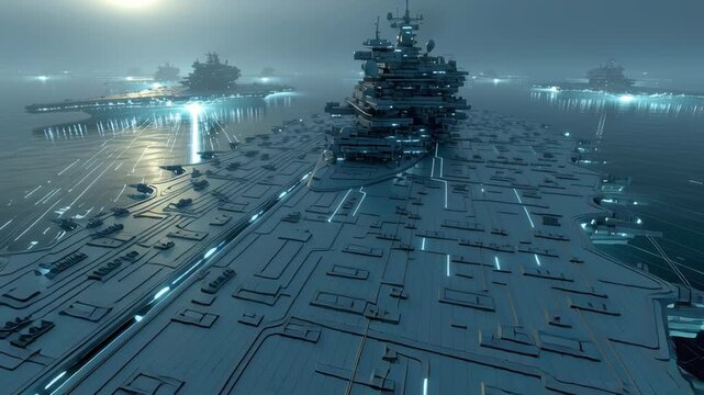 Futuristic warship aircraft carrier navy fleet crossing ocean at night, neon circuit deck lights and glowing wake showcase advanced technology under moonlight haze, foggy horizon for future combat