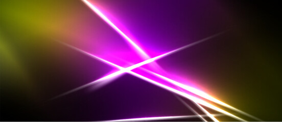 Abstract vibrant light streaks intersect dark background. Purple, yellow hues dominate composition, creating dynamic visual effect.
