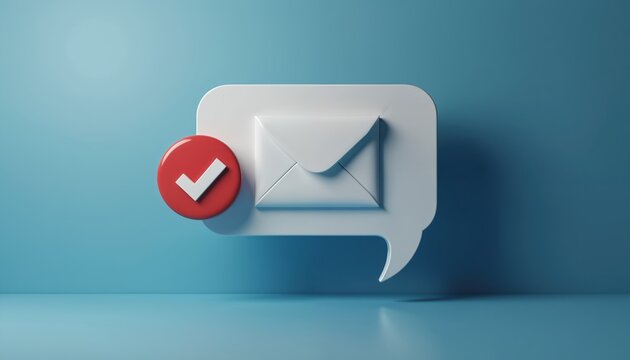 Email message bubble with checkmark confirms successful delivery. Digital notification graphic on blue background shows sent correspondence. Online communication success.