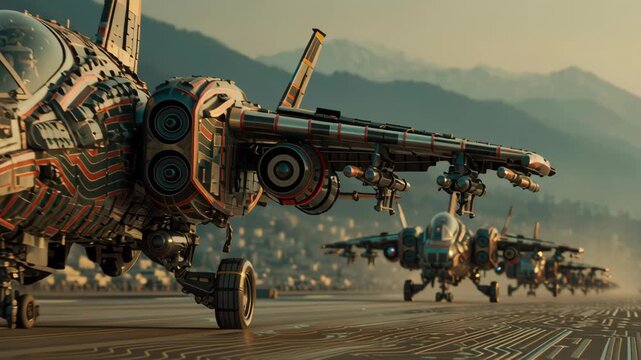 Futuristic aircraft runway with drone squadron, armored fighter jets lined on patterned tarmac, mountain valley at dusk, hazy city backdrop, golden sunset light, future war readiness