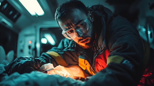 A paramedic in tactical gear applies a tourniquet to an injured patient's limb under emergency lighting inside a medical vehicle with focused intensity and urgency conveying critical trauma response