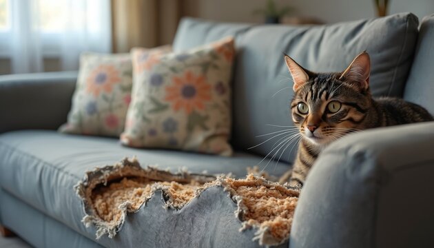 Tabby cat sits on a torn couch cushion. Pet has destroyed furniture in living room. Domestic animal made chaos on comfy sofa. Household pet behavior.