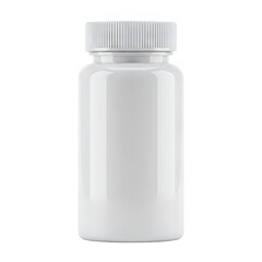 A white plastic pill bottle with a white cap standing upright against a white background isolated on transparent background
