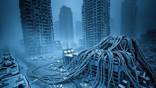 Dystopian city ruin battlefield tank convoy with smoke fog, future war patrol through shattered streets, abandoned armored vehicle near collapsed skyscraper under blue haze, aftermath survival