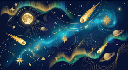 Abstract Cosmic Space Background - Golden Moon, Planets, and Comets Illustration © Mr. Akash