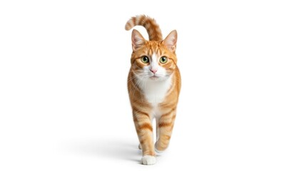 Obraz premium A striking ginger and white tabby cat with a curious expression confidently walks towards the viewer on a clean, isolated white studio background, showcasing its beautiful stripes and alert demeanor