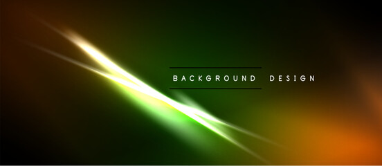 Naklejka premium Abstract background features vibrant green, orange light streaks. Dark space surrounds bright diagonal lines, creating modern visual effect.