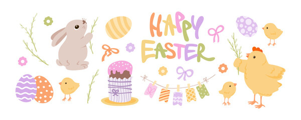 Obraz premium Colorful Easter illustration with a rabbit, chicken, decorated eggs, and festive decorations, including the text Happy Easter and floral elements.