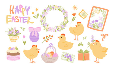 Fototapeta premium Vibrant Easter illustration showcasing chicks, flowers, eggs, and a basket, accompanied by decorative elements and the phrase Happy Easter in colorful lettering
