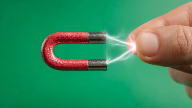 A hand holding a red horseshoe magnet with electric sparks flying to finger tip on green