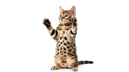 Energetic Bengal kitten with unique spotted fur stands upright on hind legs, front paws raised, showcasing its agility and curious nature against a clean white background