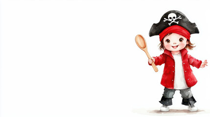 Fototapeta premium Watercolor pirate toddler child costume hat red shirt bandana wooden spoon smile playful watercolor pirate toddler child costume hat red shirt