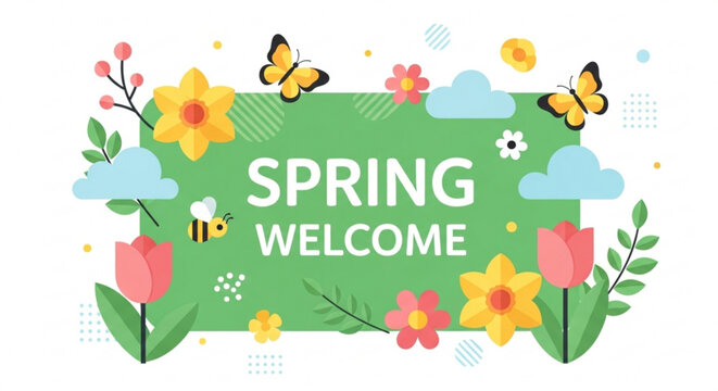 Vibrant spring welcome sign with colorful flowers butterflies and a bee on a green background