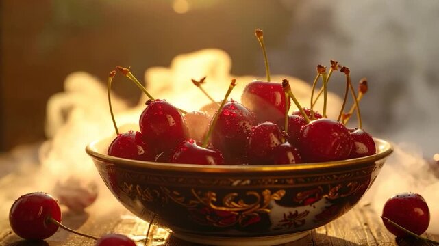 Close-up of cherries in ornate bowl, water droplets, soft light, and hazy background