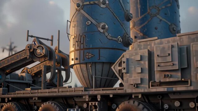 Missile rocket launcher military truck convoy at harbor and frozen coastline, sunrise to sunset smoke, strategic deployment near warship and base, future war tension under cold misty sky