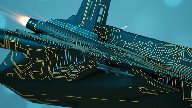 Futuristic fighter jet aircraft squadron and drone in aerial formation, circuit pattern technology war scene, stealth fuselage with glowing electronic lines and cockpit, blue haze sky future conflict