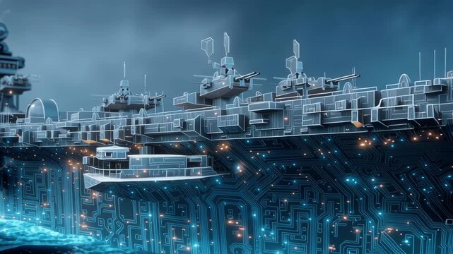 Futuristic warship aircraft carrier on ocean with circuit technology, future war concept featuring glowing digital hull, neon light, cyber naval defense across storm night dark seascape