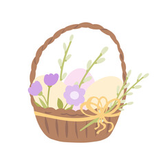 Obraz premium Easter basket with eggs and spring flowers. Basket with handle decorated with ribbon and bow. Vector design isolated on white background.