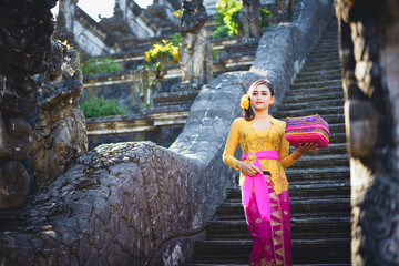 Balinese Woman at the Gate of Heaven Lempuyang Temple in Bali Indonesia