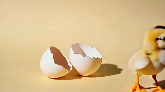 Chick hatching from egg on warm surface and exploring its new environment during morning hours