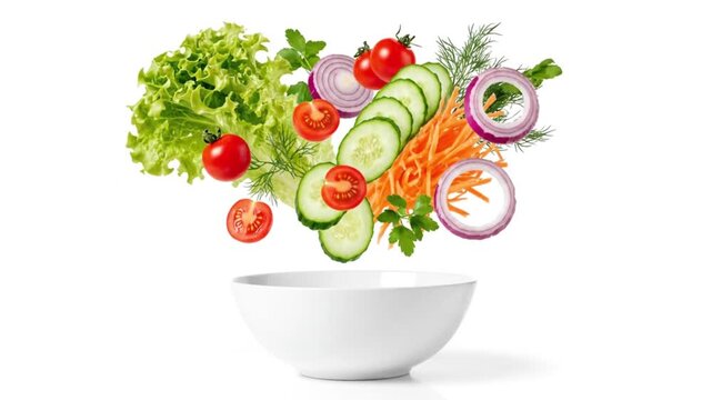 Fresh ingredients cascade: A vibrant display of fresh vegetables floats over a pristine bowl, ready to create a healthy and delicious salad.